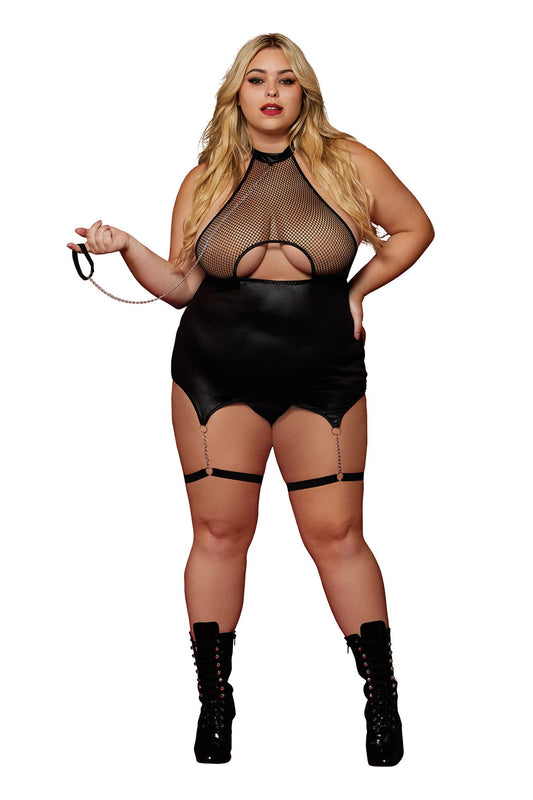 Garter Slip and Leash - Queen Size - Black DG-13295XBLKQ