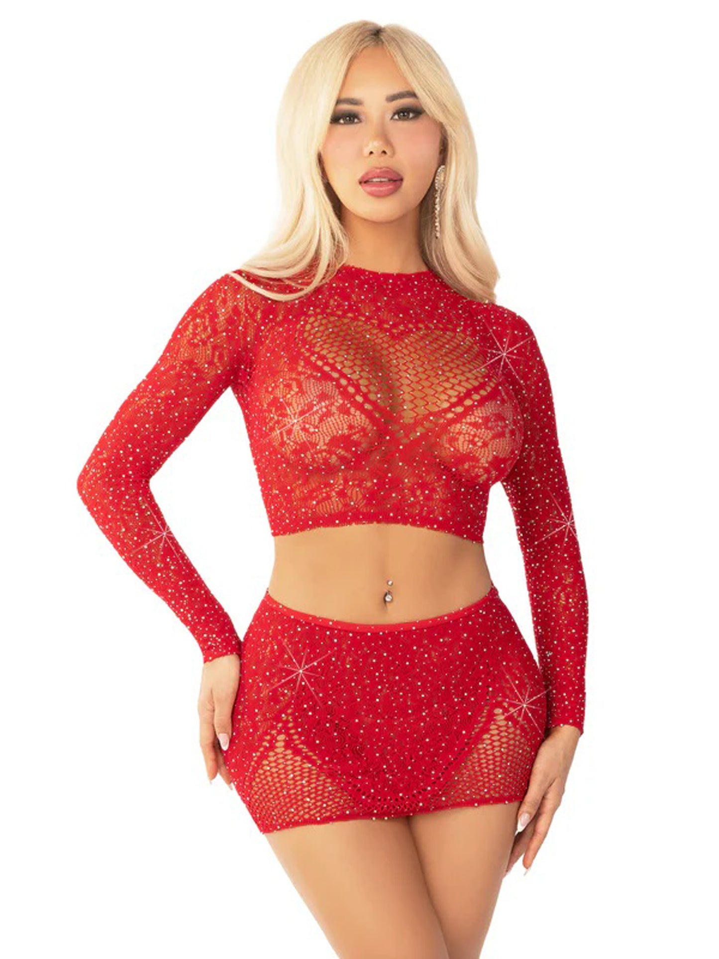 "Red 2pc Rhinestone Lace and Net Crop Top with - Heart Keyhole Mini Skirt - Os LA-81668REDOS"