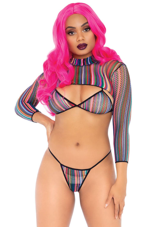 "3 Pc Fishnet Bikini G-String and Crop Top - One Size - Multicolor LA-81607MULTI"